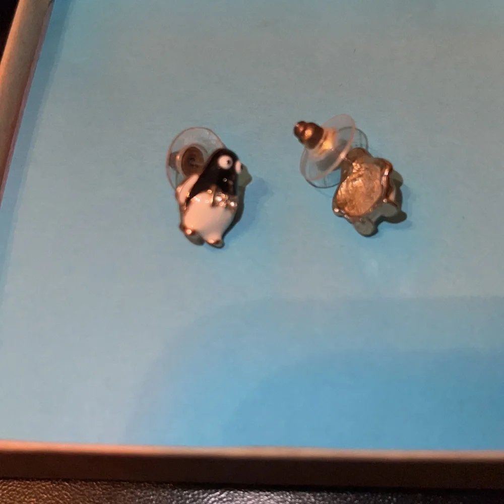 Silver skating necklace, penguin earrings and barrette